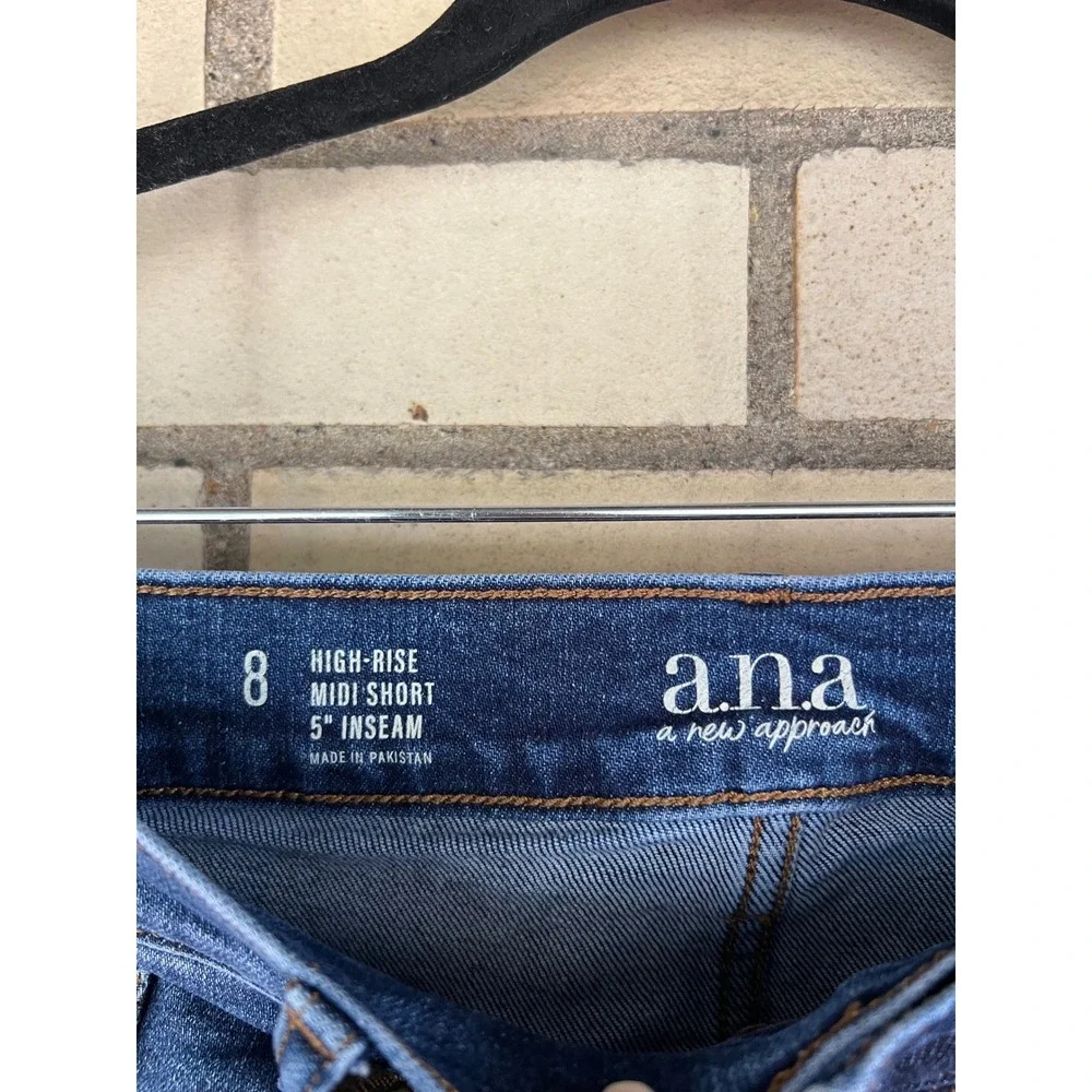 ANA High Rise Midi Denim Shorts Dark Wash Distressed Size 8 - Picture 2 of 3